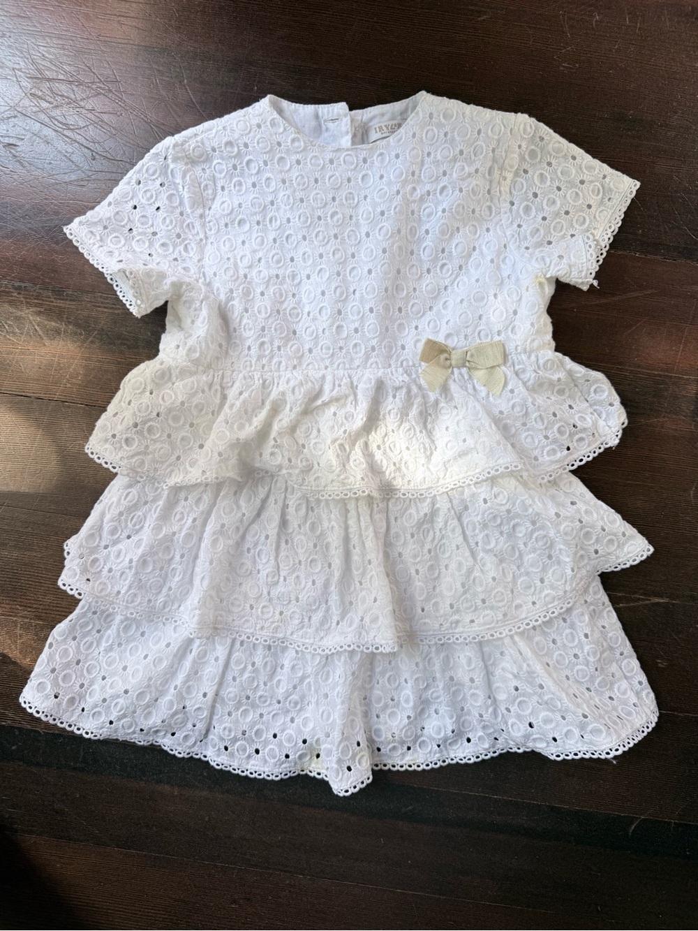 White Eyelet Tiered Dress with Cream Bow